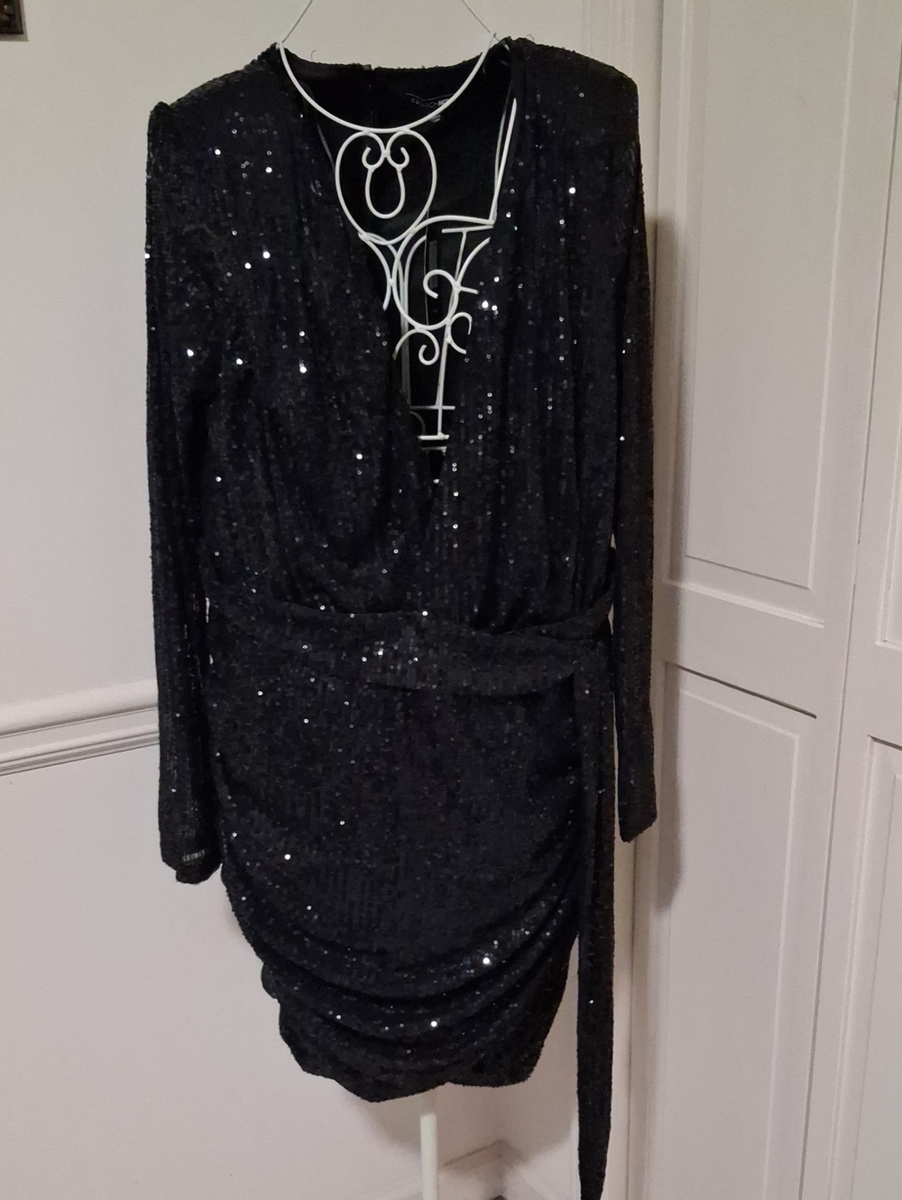 Fashion Nova Black Sequin Long Sleeve Wrap-Style Dress